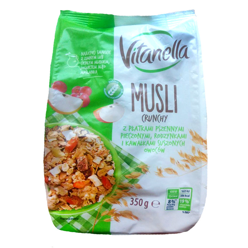 Мюслі та кранчі Vitanella з пластівцями пшениці, родзинками та яблуками Польща 350 г
