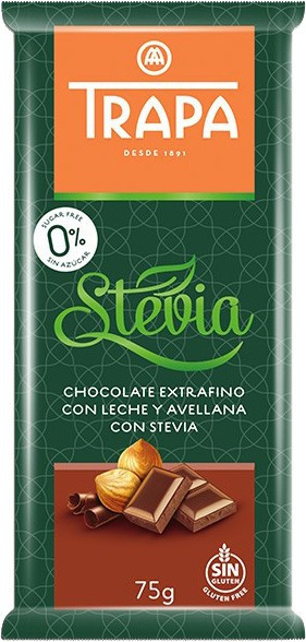 Шоколад молочний без цукру і без глютену Trapa Stevia з фундуком 75г Іспанія