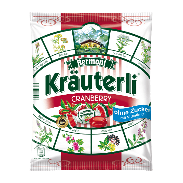 Льодяники (цукерки) БЕЗ ЦУКРУ Bermont Kräuterli Cranberry з журавлиною 125г Німеччина