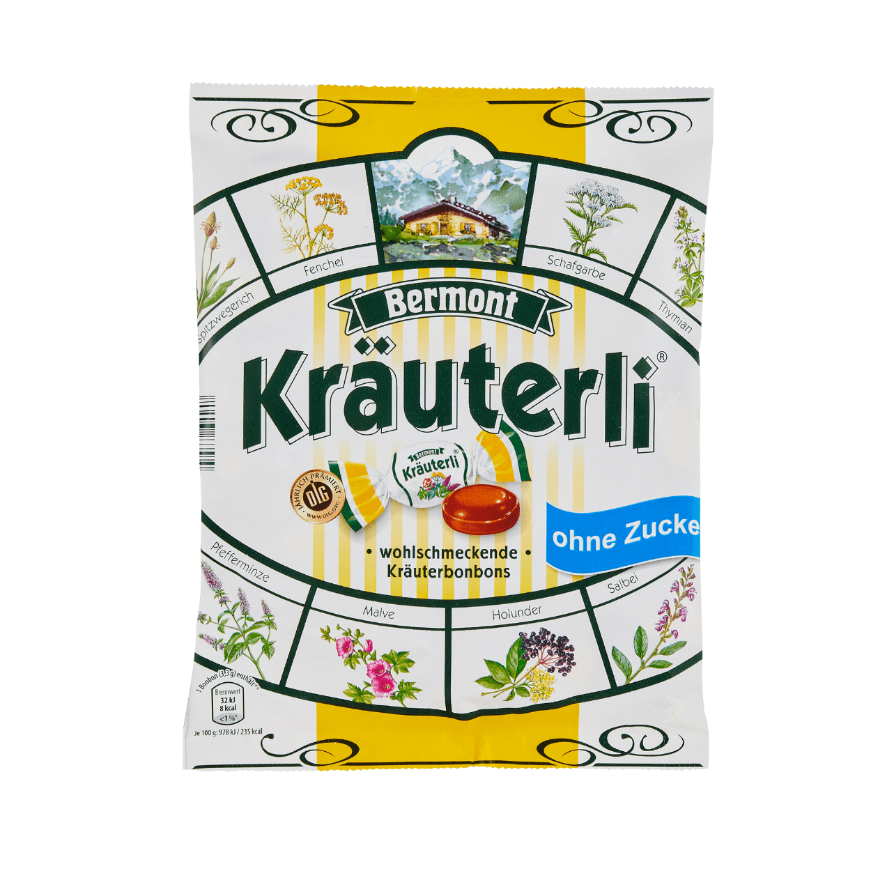 Льодяники (цукерки) БЕЗ ЦУКРУ Bermont Kräuterli з травами 125г Німеччина