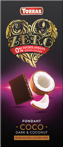 Шоколад без цукру і глютену Torras ZERO чорний з кокосом Іспанія 125г