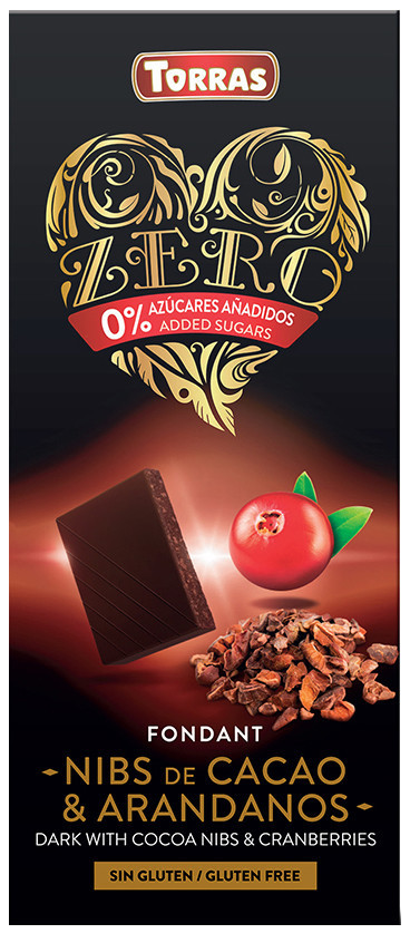 Чорний шоколад без цукру Torras ZERO with cocoa nibs and cranberries з какао-бобами і журавлиною Іспанія 125 г