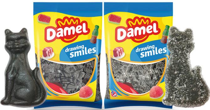 Желейні цукерки без глютену цукрові чорні лакричні кішки Damel sugar black licorice cats 1 кг Іспанія