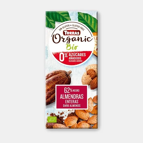 Шоколад чорний без цукру і глютену з цільним мигдалем Torras Organic Bio 62% какао Іспанія 150г