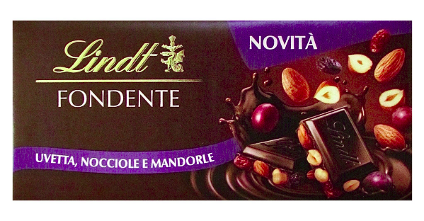 Шоколад чорний із фундуком, мигдалем, родзинками Lindt fondente uvetta nocciole mandorle 100 г Швейцарія