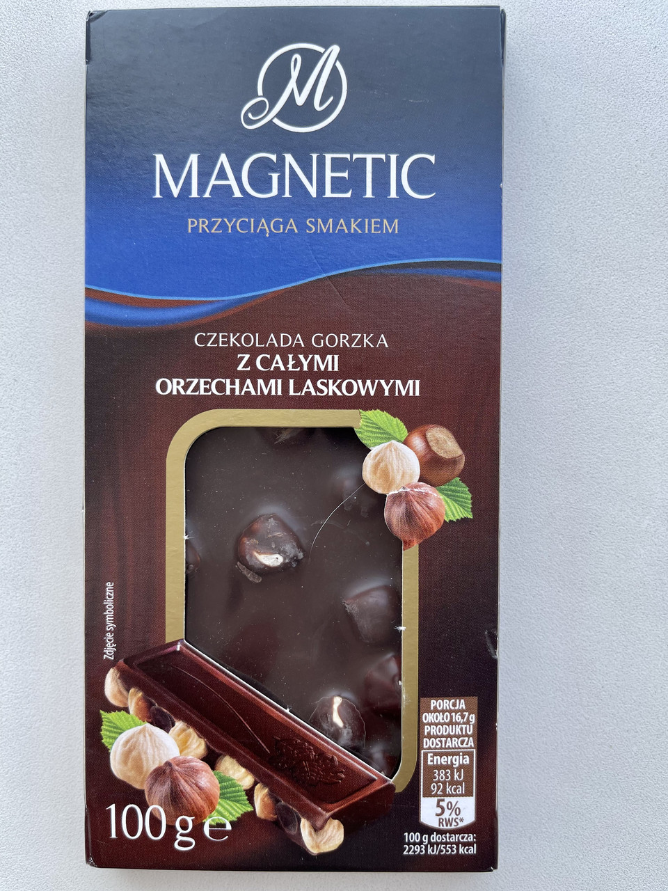 Шоколад чорний БЕЗ ДОДАВАННЯ ЦУКРУ з цільним фундуком Magnetic 100г