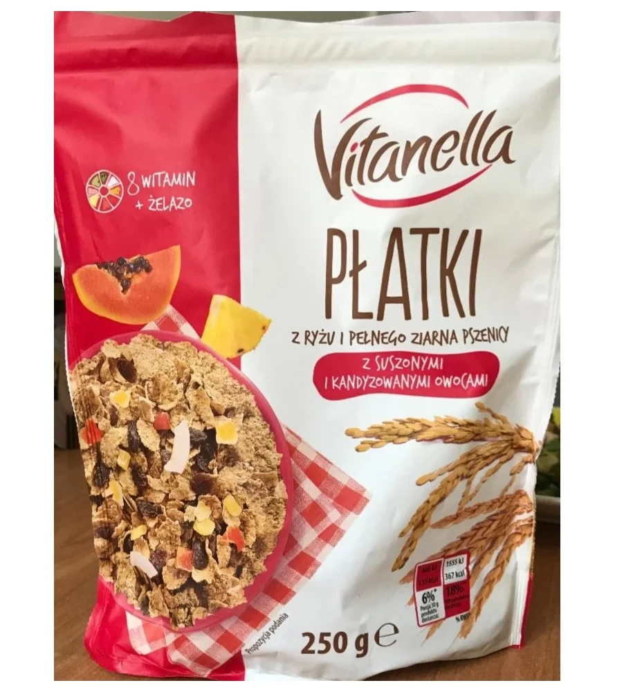 Мюслі Рисово-пшеничні з екзотичними фруктами Vitanella PΔatki z ry ⁇ u i pe÷nego ziarna pszenic Польща 250 г