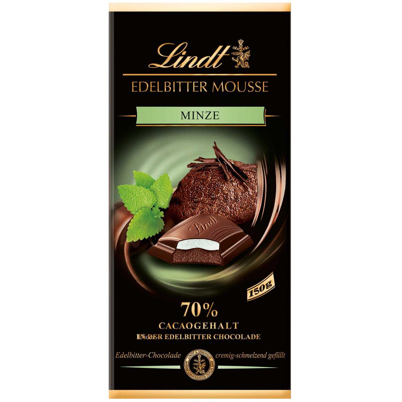 Шоколад Lindt Edelbitter Mousse Minze 70% 150 г Німеччина