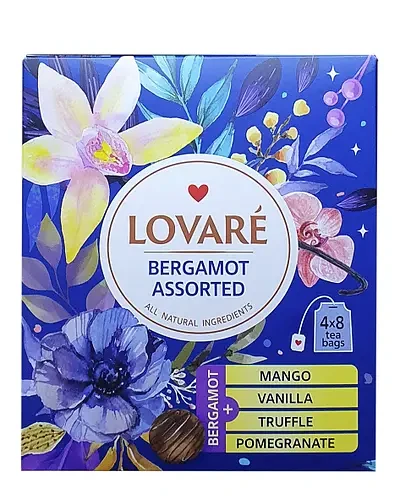 Чай чорний ассорті "4 вкуса" Lovare бергамот з манго, ваниллю, трюффель, апельсин (32 пакетика х 2г) 64г