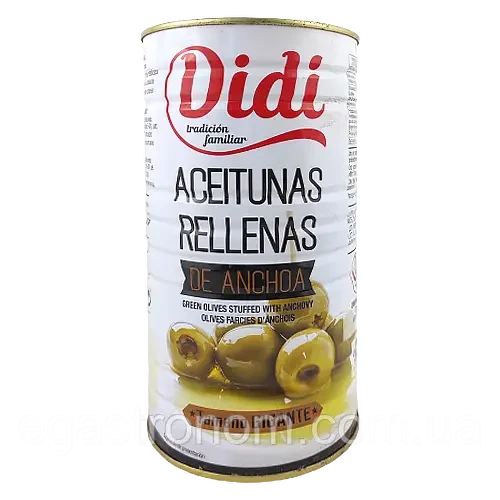 Оливки Гігант зелені фаршировані анчоусом DiDi Aceitunas Rellenas de Anchoa Gigante 1450 г/600г Іспанія