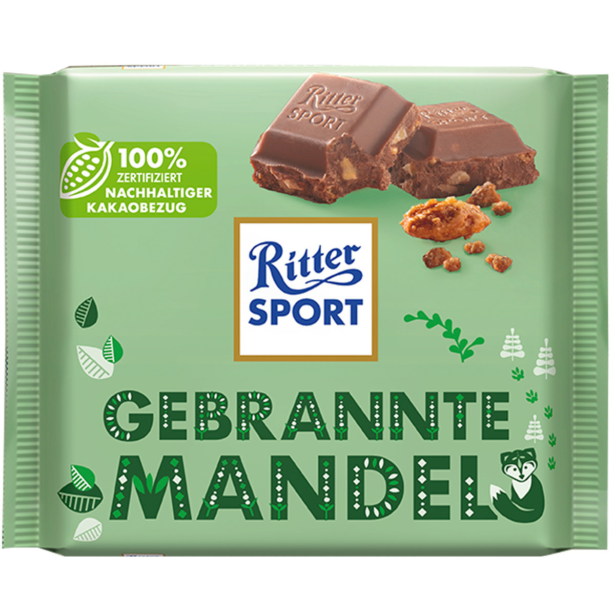 Шоколад Ritter Sport Gebrantte Mandel (з мигдалем у карамелі) Німеччина 100 г
