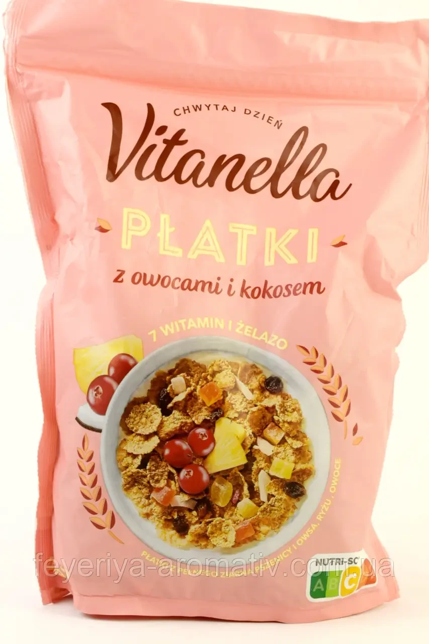 Пластівці з фруктами та кокосом 7 вітамінів і залізо Vitanella Platki 250 г Польща