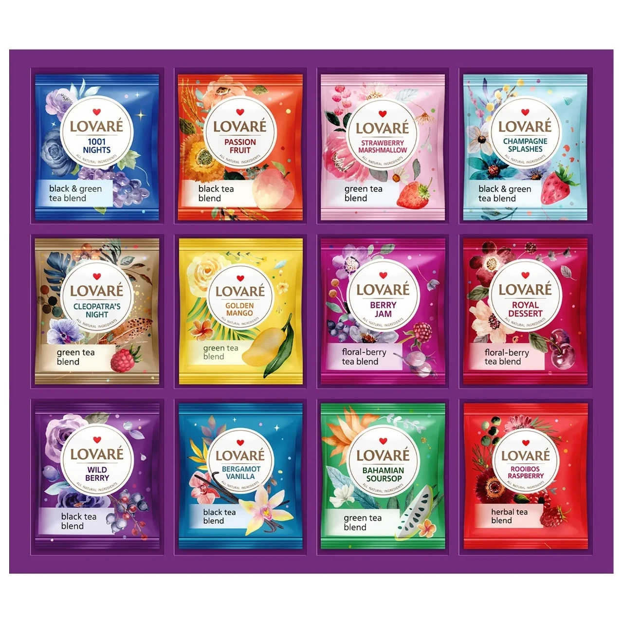 Чай Lovare Асорті "Квіти та чай" Flowers&Tea 12 видів по 5 пакетів (60 шт.)