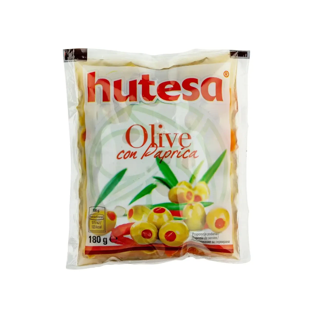 Іспанські зелені оливки з паприкою Hutesa Olive con Papriba 180г/80г Іспанія