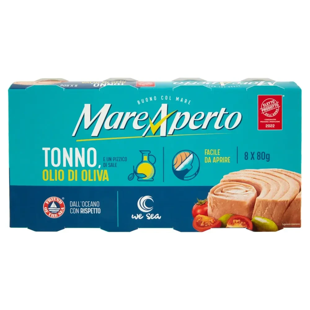 Тунець шматком в оливковій олії Mare ApertoTonno all Olio di Oliva (8х80 г) 640г Італія