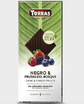Шоколад чорний без цукру і глютену з лісовими ягодами Torras Stevia Negro & Frutas del Bosquo 125 г Іспанія