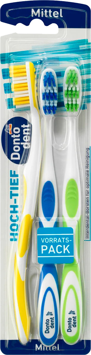 Набір зубних щіток з 3 штук Mittel Dontodent hoch-tief середня жорсткість Німеччина