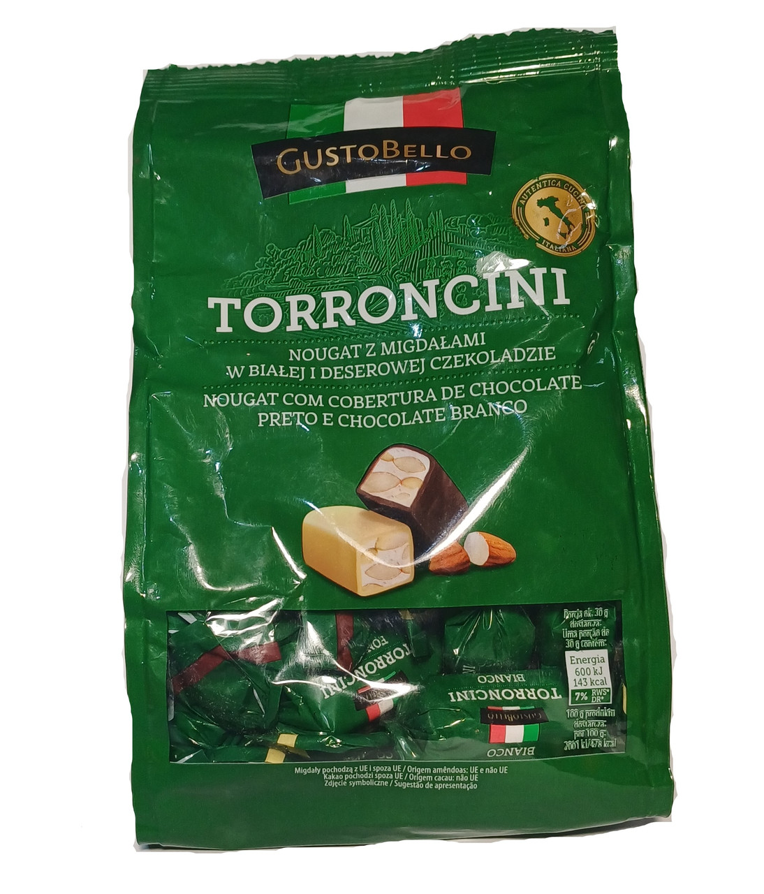 Цукерки нуга з мигдалем у білому та чорному шоколаді GustoBello Torroncini 180г Італія