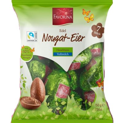 Шоколадні молочні яйця з начинкою нуга з фундука Favorina Edel Nougat-Eier Haselnuss 150 г Німеччина