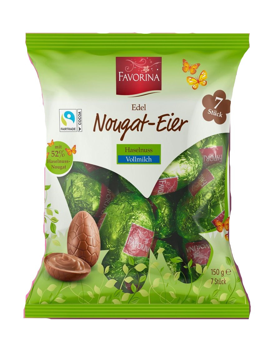 Шоколадні молочні яйця з начинкою нуга з фундуку Favorina Edel Nougat-Eier Haselnuss 150г Німеччина