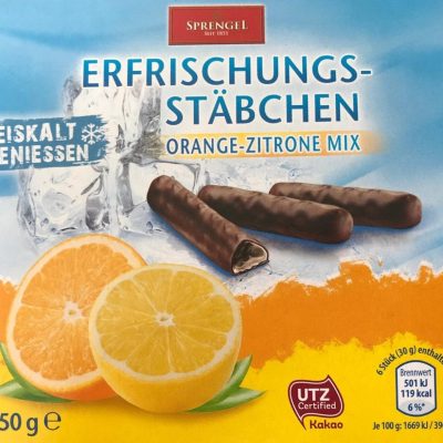 Шоколадні цукерки ( палички) з апельсиново-лимонним соком Erfrischungs-Stabchen 150 г Німеччина