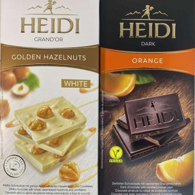 Шоколад (2 шт.) білий із суцільним фундуком 100 г і темний з Апельсіном 80 г Heidi Румунія