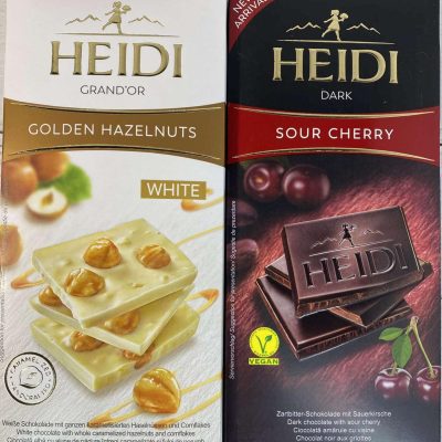 Шоколад (2 шт.) білий із суцільним фундуком 100 г і темний із Кислою вишнею 80 г Heidi Румунія