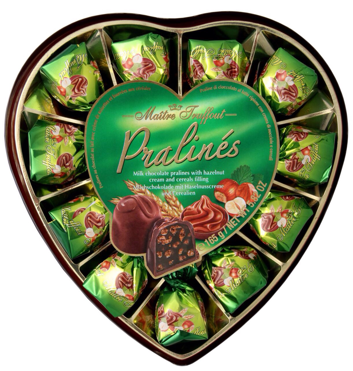 Цукерки Pralines (Праліне фундука з зерновими серцями в молочному шоколаді) Maitre Truffout Австрія 165г