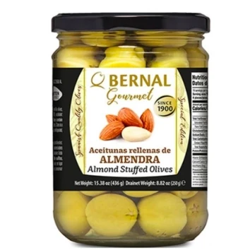 Оливки зелені фаршировані мигдалем БЕЗ ГЛЮТЕНУ. Bernal Gourmet Almendra 436/250г Іспанія